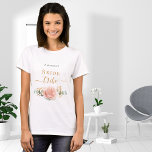 Bride tribe rose gold floral eucalyptus greenery T-Shirt<br><div class="desc">For a bridal shower or a bachelorette spa and wellness weekend. A chic white background. Decorated with a rose gold, blush pink floral, flower (rose)and green watercolored eucalyptus leaves, sprigs, greenery and a faux gold sprig. Personalize and add the name of the bride. Black and golden letters. With the text:...</div>