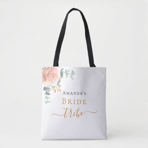 Bride tribe rose gold floral eucalyptus greenery tote bag