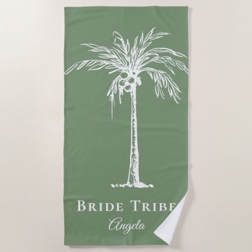 Bride Tribe Sage Green White Palm Tree Custom Beach Towel