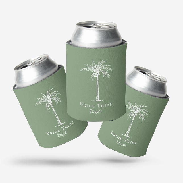 Bride Tribe Sage Green White Palm Tree Custom Can Cooler (Bride Tribe Sage Green White Palm Tree Custom Can Cooler)