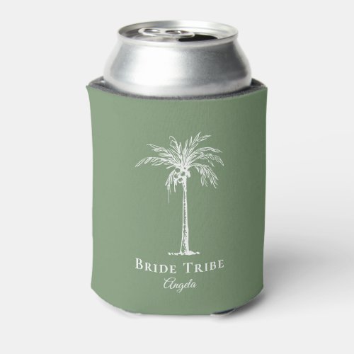 Bride Tribe Sage Green White Palm Tree Custom Can Cooler
