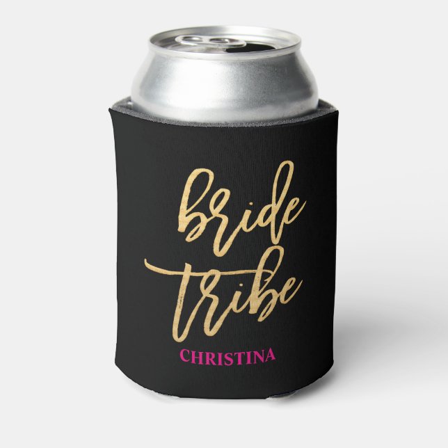 Bride Tribe Script Black/Gold/Hot Pink Personalize Can Cooler (Can Back)