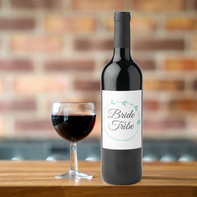 Bride Tribe Seafoam Simple Heart Wreath Wine Label (In Situ Glass of Wine)