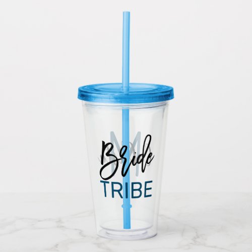Bride Tribe Simple Blue Black Typography Monogram Acrylic Tumbler