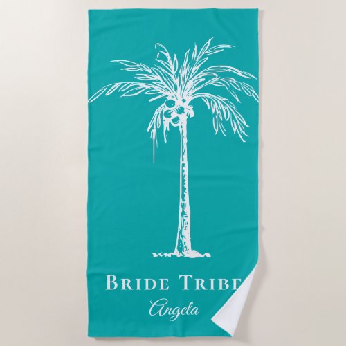 Bride Tribe Teal White Palm Tree Custom Beach Towel