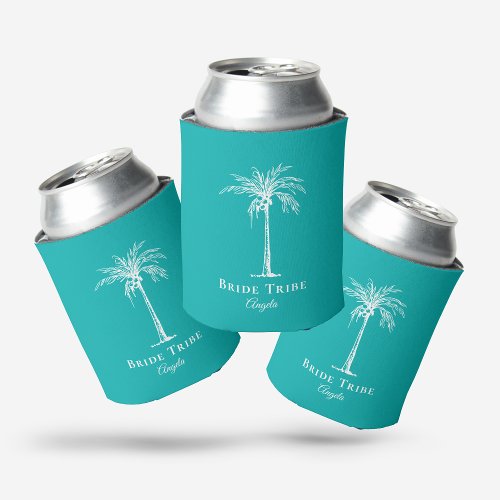 Bride Tribe Teal White Palm Tree Custom Can Cooler