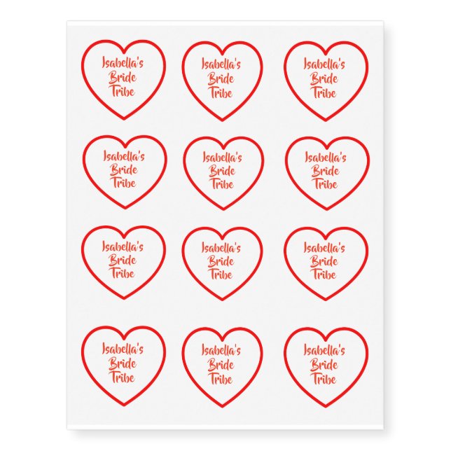 Bride Tribe Team Bride Red Heart Bachelorette Temporary Tattoos (Front)