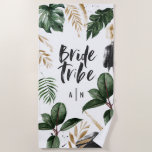 Bride tribe tropical leaf and typography beach towel<br><div class="desc">Bride tribe modern script typography and tropical leaf. With space for initials.</div>
