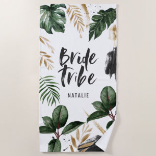 Bride tribe tropical leaf and typography beach towel