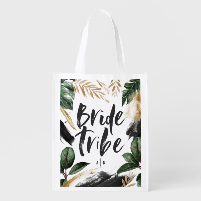 Bride tribe tropical leaf and typography modern to grocery bag (Front)