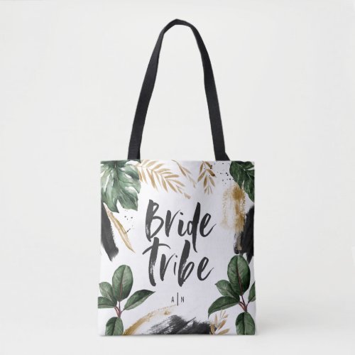 Bride tribe tropical leaf and typography tote bag