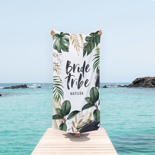 Bride tribe tropical leaf  typography beach towel
