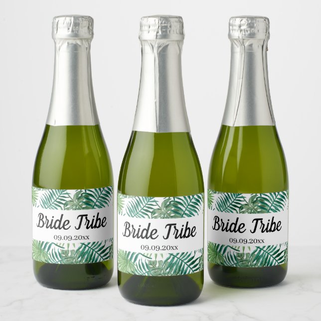 Bride Tribe Tropical Palm Leaf Bachelorette Party  Sparkling Wine Label (Bottles)