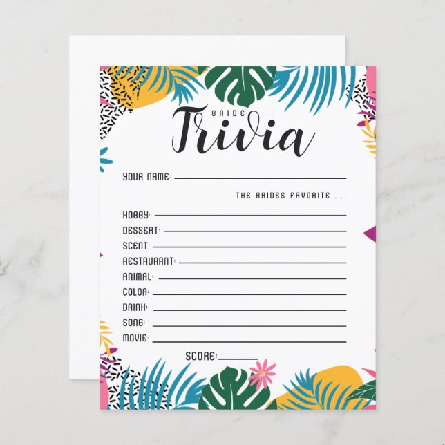 Bride Trivia Bridal Shower Game (Front/Back)