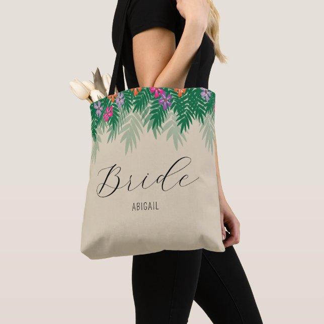 Bride Tropical Flowers and Palm Branches Tote Bag (Close Up)