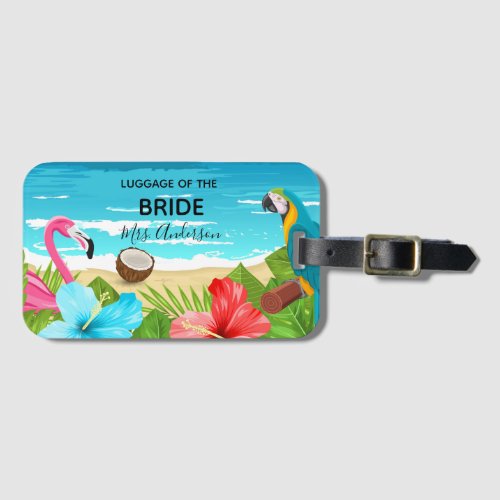 Bride tropical honeymoon beach flamingo sea luggage tag