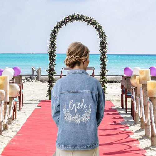 Bride typography and floral arrangement wedding denim jacket