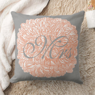 Bride Vintage Floral Chrysanthemum Gray Peach Throw Pillow
