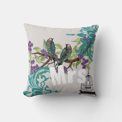 Bride Vintage Teal Birds Birdcage  Purple Blooms Throw Pillow