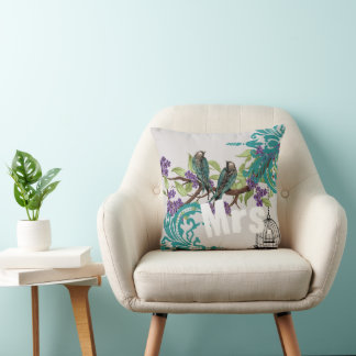 Bride Vintage Teal Birds Birdcage & Purple Blooms Throw Pillow