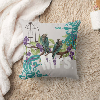 Bride Vintage Teal Birds Birdcage & Purple Blooms Throw Pillow