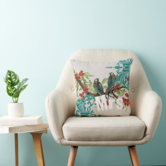 Bride Vintage Teal Birds Damask & Crimson Blooms Throw Pillow