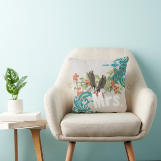 Bride Vintage Teal Birds Damask & Tangerine Blooms Throw Pillow