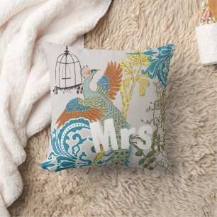 Bride Vintage Teal Damask Peacock Birdcage Vines Throw Pillow