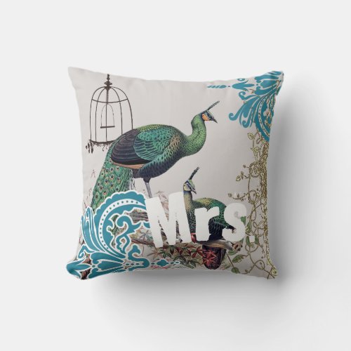 Bride Vintage Teal Damask Peacock Birdcage Vines Throw Pillow