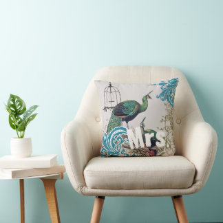 Bride Vintage Teal Damask Peacock Birdcage Vines Throw Pillow