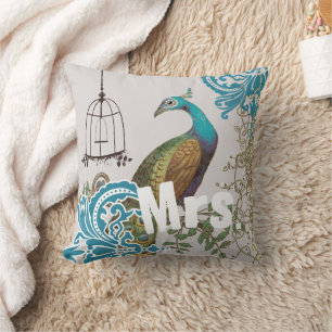 Bride Vintage Teal Damask Peacock Birdcage Vines Throw Pillow