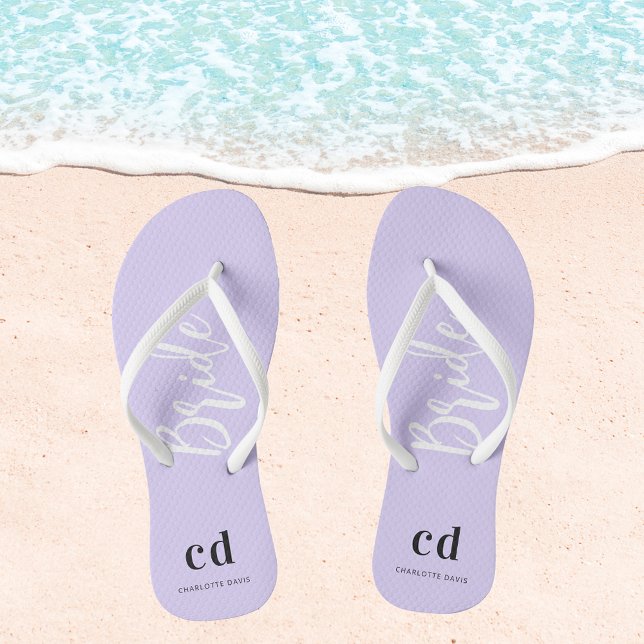 Bride violet lavender monogram initials name flip flops (Creator Uploaded)