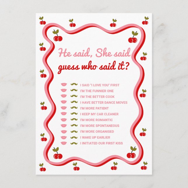 Bride vs Groom Retro Cherry shower Game card (Front)