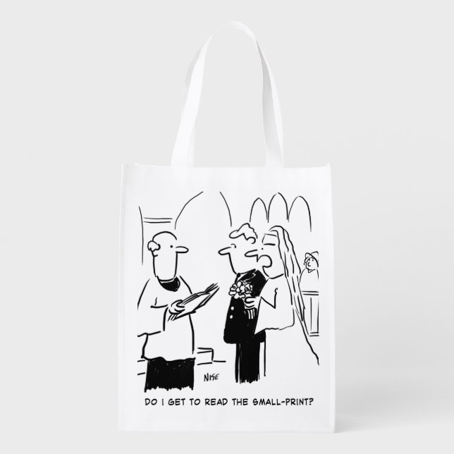 Bride Wants to Check Small Print Cartoon Grocery Bag (Back)