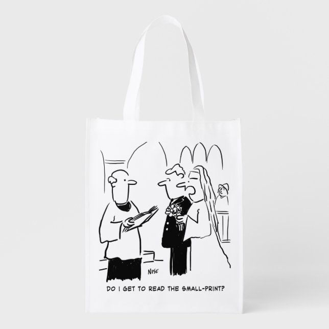 Bride Wants to Check Small Print Cartoon Grocery Bag (Front)