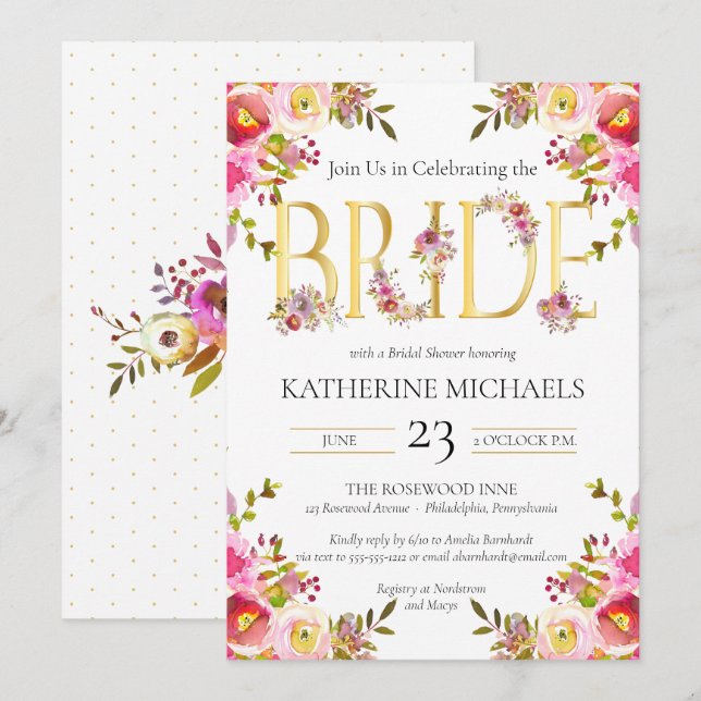 Bride Watercolor Blooms Floral Bridal Shower Invit Invitation (Front/Back)