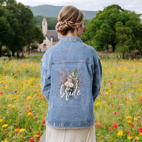 Bride Watercolor Boho Rustic Floral Wildflower Denim Jacket