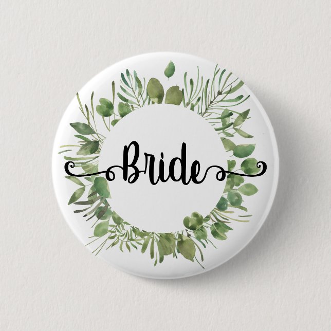 Bride watercolor botanical leaf wreath Calligraphy Button (Front)