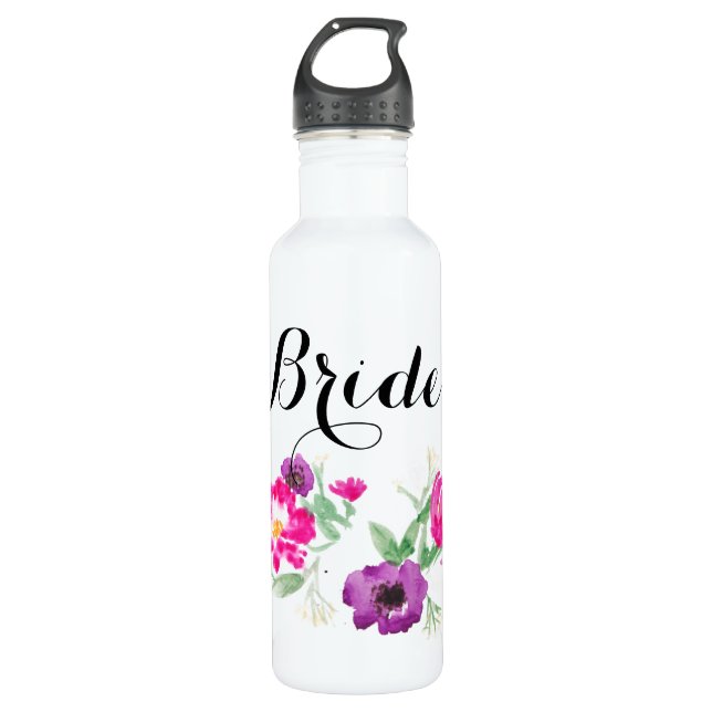 Bride Watercolor Flowers Water Bottle (Front)