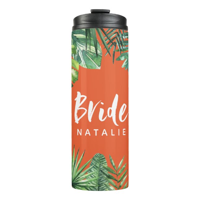 Bride watercolor tropical leaf bachelorette thermal tumbler (Front)