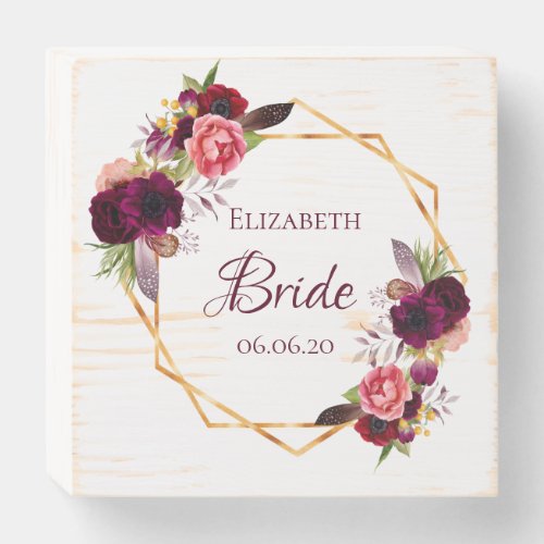 Bride wedding burgundy florals geometric wooden box sign