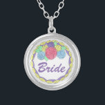 Bride Wedding Cake Bridal Shower Gift Necklace<br><div class="desc">Necklace features an original marker illustration of a wedding cake topped with frosting flowers,  and BRIDE in a fun purple font. A perfect gift for the bride!</div>