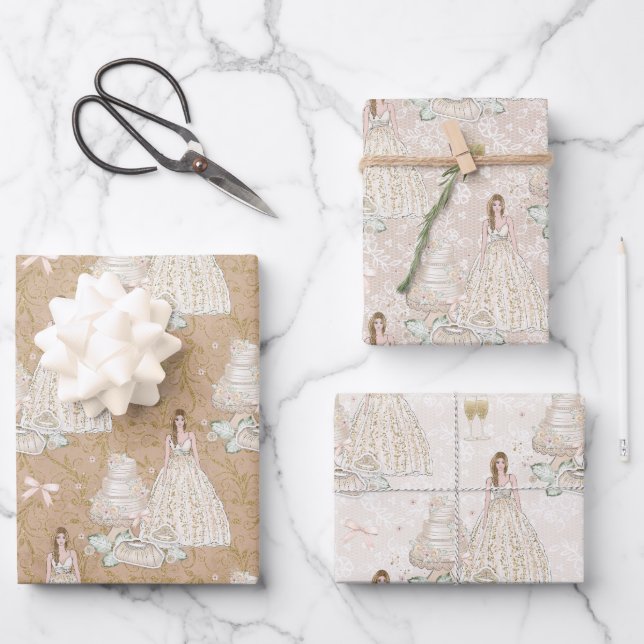Bride Wedding Cake Gold Glitter  Wrapping Paper Sheets (Front)