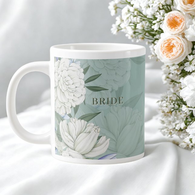 Bride Wedding Gift – Sage Green & Peonies Giant Coffee Mug (Creator Uploaded)
