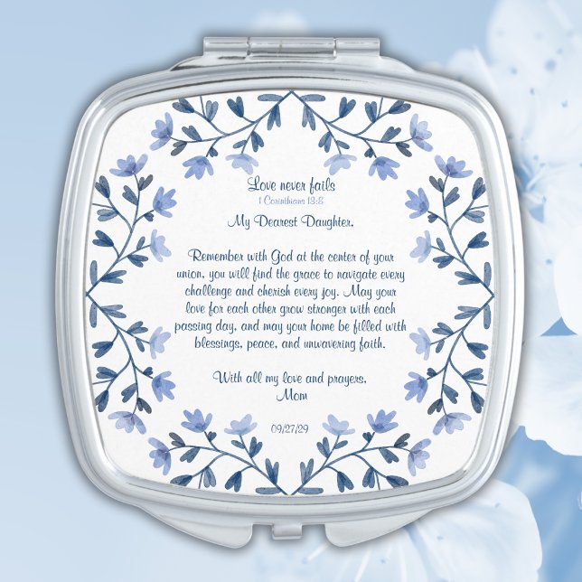 Bride Wedding Gift Something Blue Floral Scripture Compact Mirror (Fully customizable. Bible verse and message can be changed  or kept as is.)