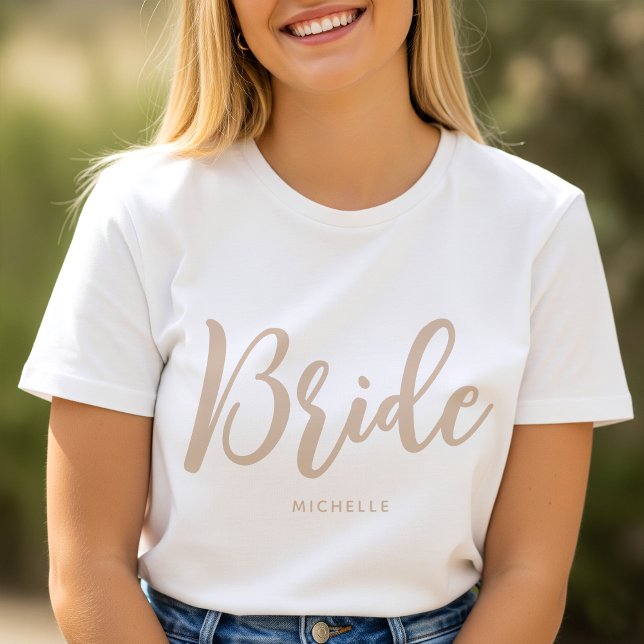 Bride Wedding Personalized Name Beige White T-Shirt (Creator Uploaded)