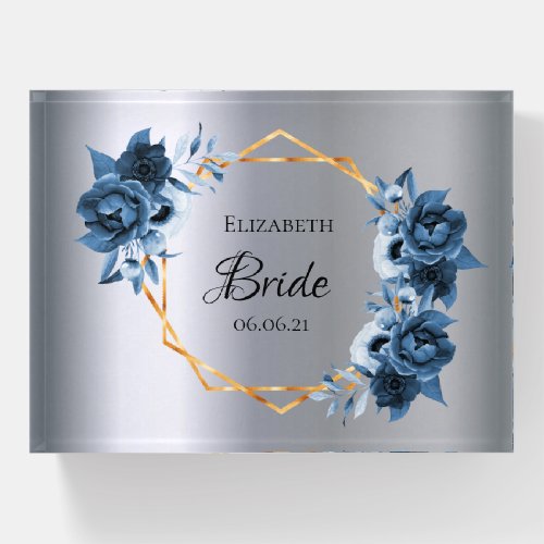 Bride wedding silver navy blue florals geometric paperweight