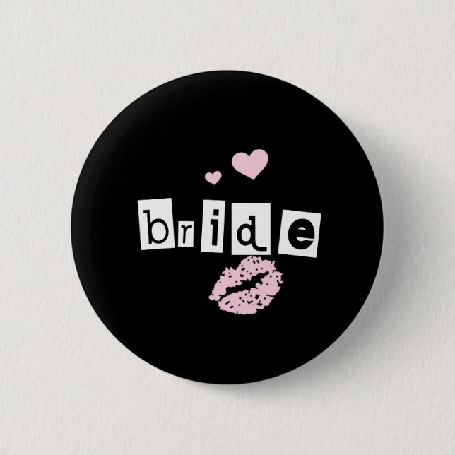 Bride White and Pink on Black Pinback Button (Front)