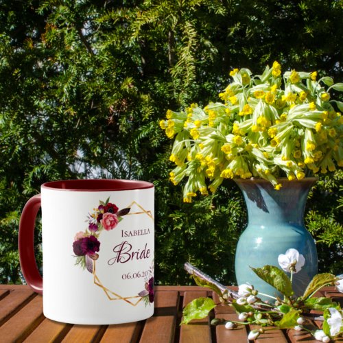 Bride white floral gold geometric wedding name mug