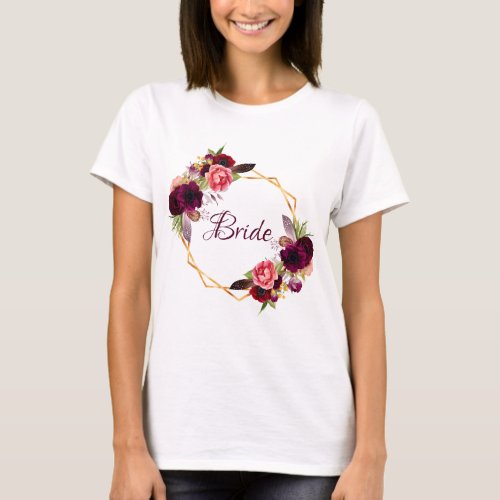 Bride white floral gold geometric wedding name T_Shirt